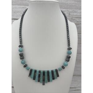 Hematite Turquoise Necklace Energy Bead Native American Navajo Boho Hippie  18"